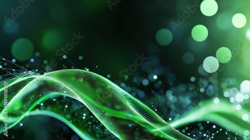 Green energy wave pattern flowing through 3D digital lines and nodes, computer-generated