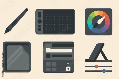 Digital design tools set with tablet, stylus, and color wheel icons