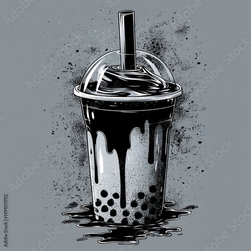 Boba tea with syrup drips and grunge effects, isolated for a clean, stylish design presentation.