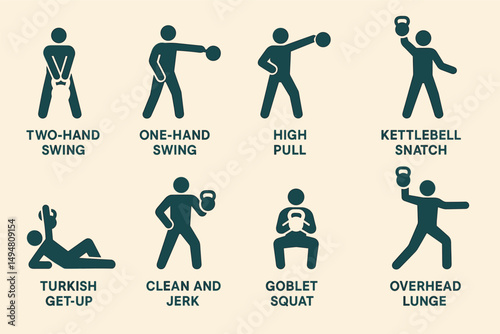 Fitness exercises solid icons set – gym, workout, silhouette and health symbols