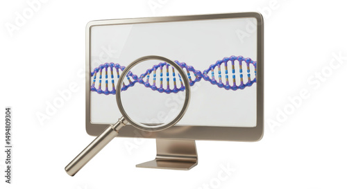 Isolated Genetic Research Concept DNA Helix On Computer Monitor With Magnifying Glass