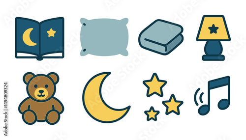 Bedtime story linear icons set – outline, night, sleep and cozy symbols