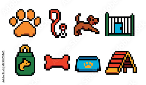 Pet care pixel art icons set – playful, vibrant, animal welfare symbols
