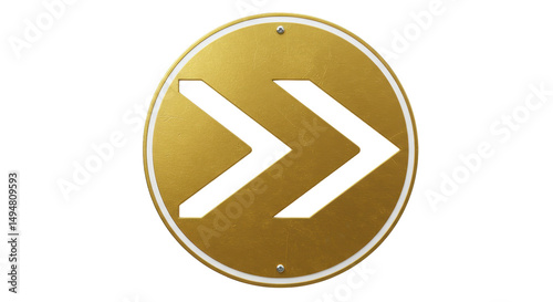 Isolated Golden Circular Button With Double Right Arrow For Next Or Forward