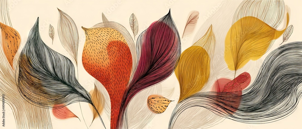 Fototapeta premium Autumn abstract floral wallpaper illustration with organic textured lines, botanical details and subtle textures on a white background