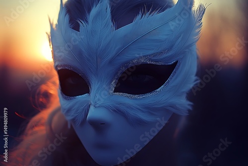 Woman in mask at sunset