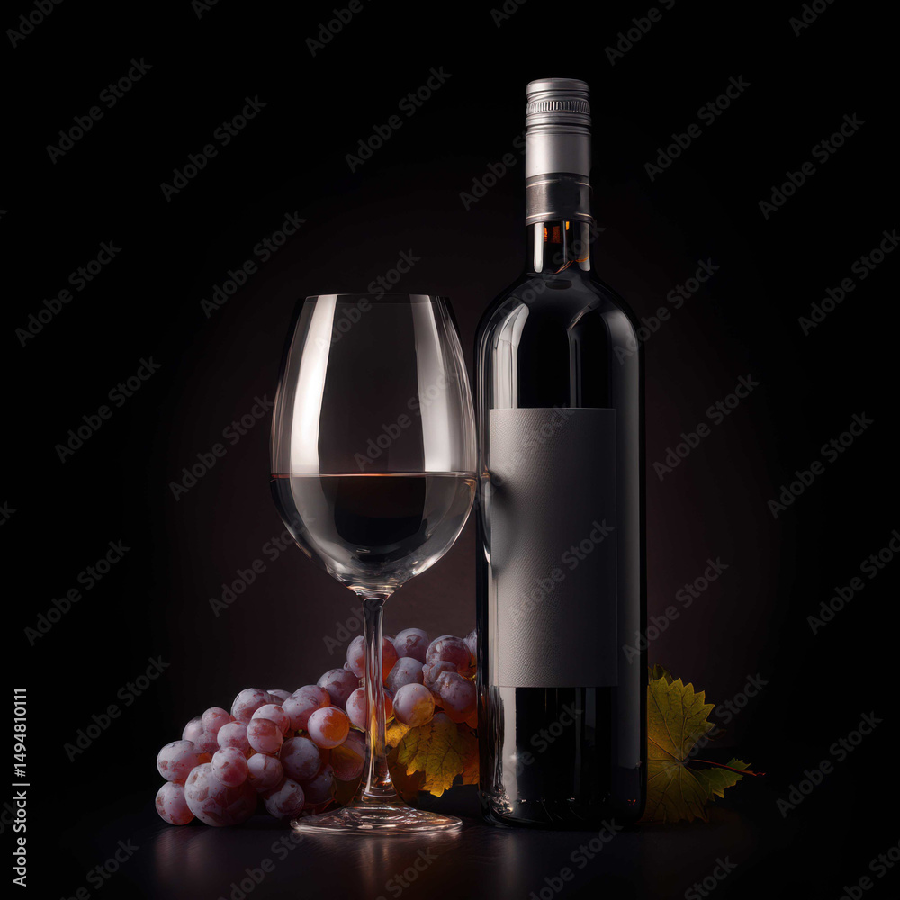Fototapeta premium Elegant Wine Presentation Featuring Bottle, Grape Cluster, and Glassware on Dark Surface