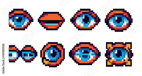 Eye expressions pixel art icons set – pixelated, retro, vision-themed graphics