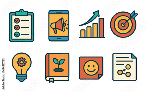 Business and productivity icons set – flat, filled, office and work essentials