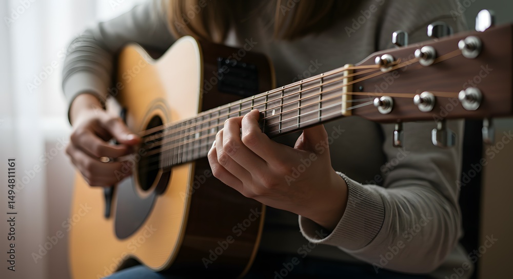 Fototapeta premium Woman's Hands Playing Acoustic Guitar Close-Up Shot of Finger Placement and Chords