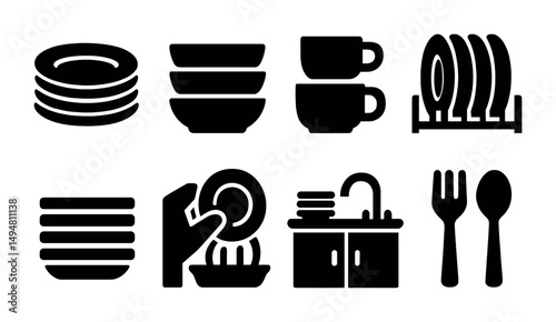 Kitchen essentials solid icons set – flat, filled, cooking and dining symbols