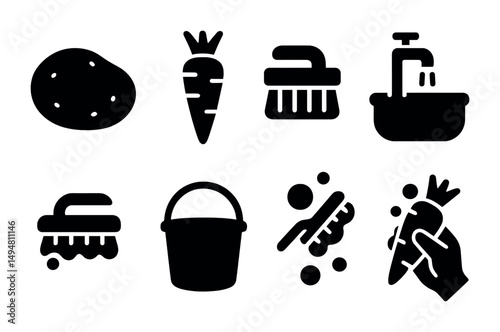 Vegetable cleaning solid icons set – filled, silhouette, kitchen and hygiene symbols
