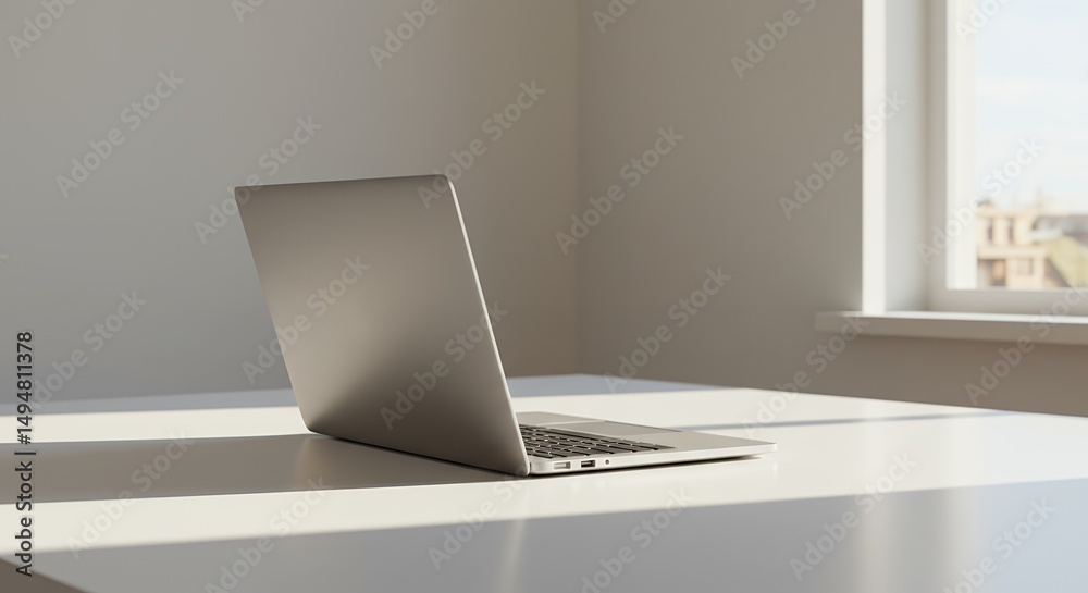 Fototapeta premium Minimalist Office 3D Render Featuring a Sleek Laptop on a White Desk by the Window. Generative AI.