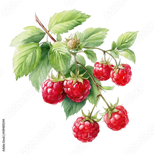 Watercolor painting depicts fresh raspberries on a branch with green leaves.