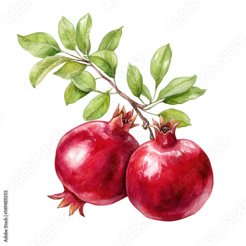 Two ripe pomegranates hang beautifully from a leafy branch in watercolor.