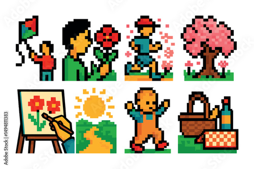 Spring and nature pixel art icons set – vibrant, seasonal, playful graphics