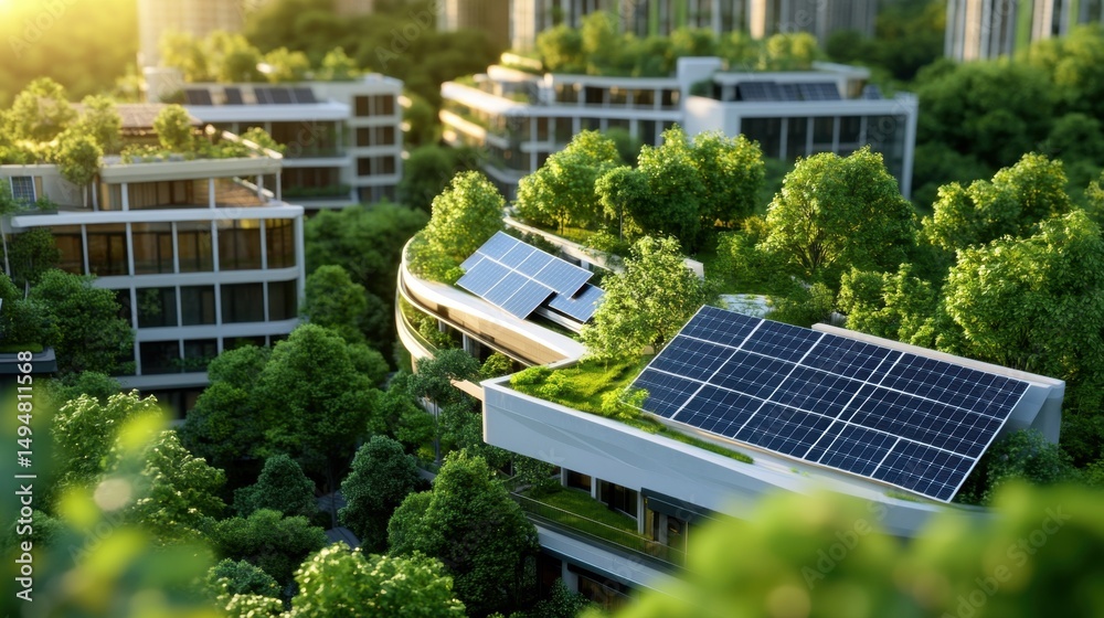 Fototapeta premium Lush urban area with sustainable architecture, solar panels, and green pathways