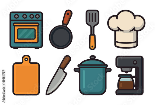 Kitchen tools outline icons set – cooking, culinary, utensils and chef gear