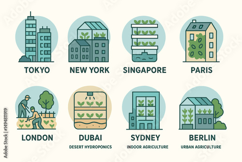 Urban agriculture icons set – flat, outline, city farming and green growth symbols