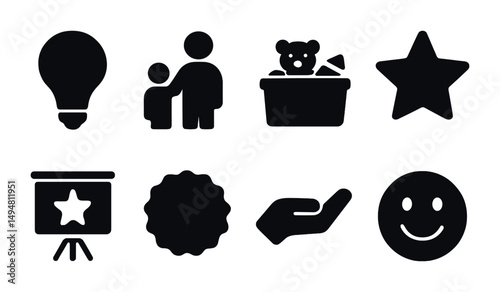 Family activities solid icons set – silhouette, filled, leisure and recreation symbols
