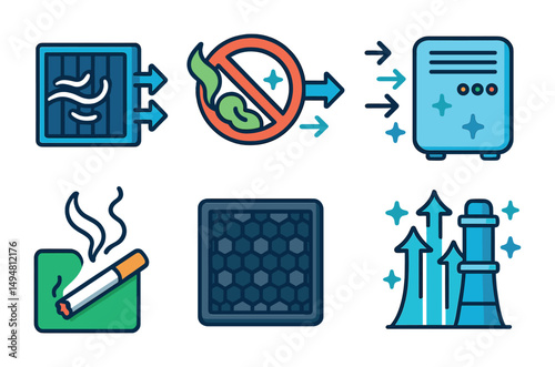 Air quality and pollution icons set – flat, filled, environmental symbols