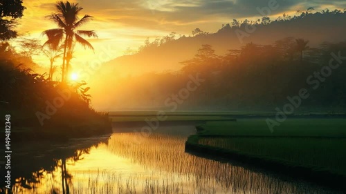 Golden sunrise over a tranquil rice paddy landscape reflected in a calm river Lush vegetation and misty hills form a se