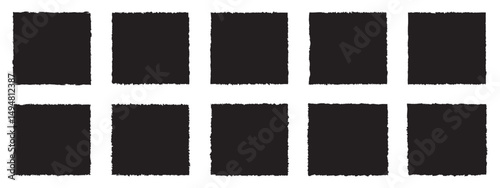 Grunge square template backgrounds. Vector black painted squares or rectangular shapes. Grunge textures, rectangle frame. Textured grunge element bundle for collage, text box, banner, sticker. Vector