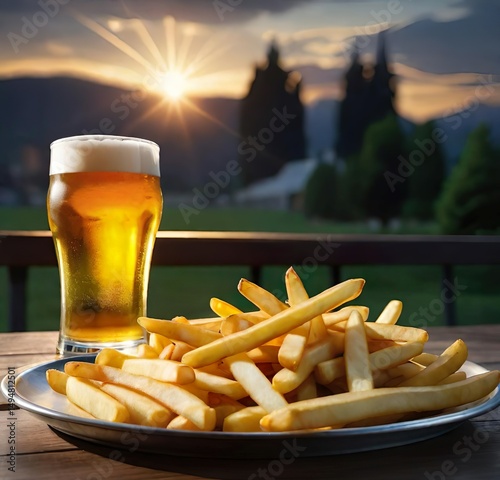 glass of light beer and french fries on a table on the terrace in the evening