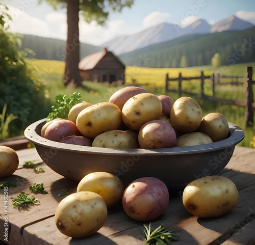 harvest of potato tubers in a bowl on a wooden table against the background of a rural landscape