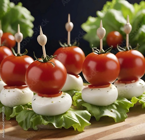 appetizer of ripe tomatoes on skewers with mozzarella cheese and lettuce leaves