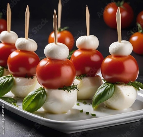 tomatoes with mozzarella and basil on a tray