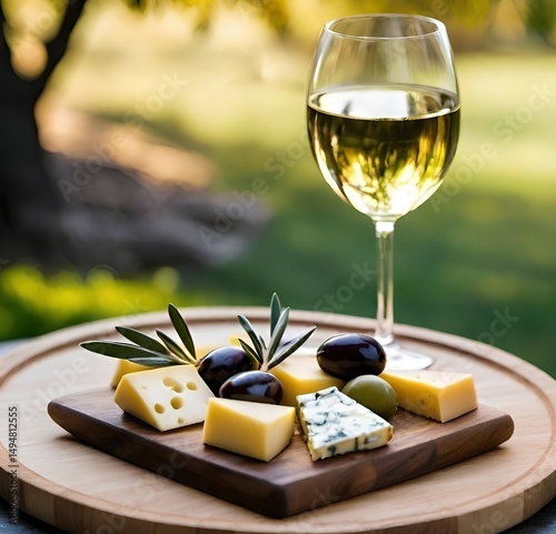 glass of white wine and olive and cheese appetizer on a table in an olive garden