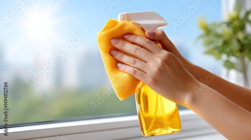 Hands Cleaning a Window with a Spray Bottle and Cloth Under Bright Sunlight in an Urban Setting