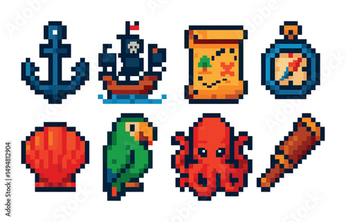 Pirate adventure icons set – pixel art, nautical, treasure hunt graphics