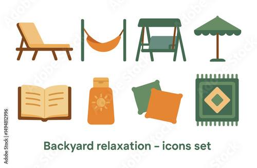 Backyard relaxation icons set – flat, leisure, outdoor comfort symbols