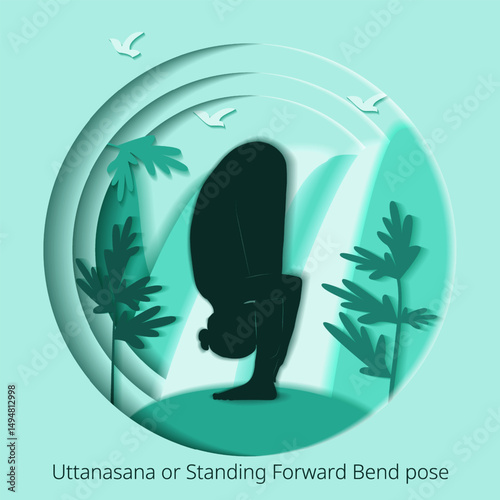 International Yoga Day. Uttanasana pose. Standing Forward Bend pose. Paper cut design. Isolated vector illustration.