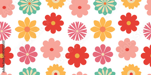 70s groovy floral seamless pattern. Flower power. Vintage flowers, blossoms. Retro revival vibes. Spring and summer meadow. Background, digital paper, wallpaper. Vector ornament.