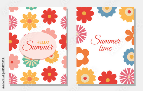 Bright summer floral cards with text. Retro groovy flowers, blossoms. Botanical modern frame, background, banner, flyer, birthday, mom's day greetings. Vector.