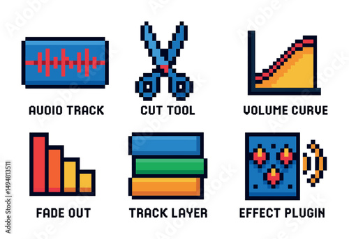 Audio editing pixel art icons set – track, tools, sound design essentials