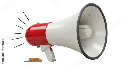 Isolated Megaphone with Sound Waves and Gold Coins Marketing Investment ROI Concept