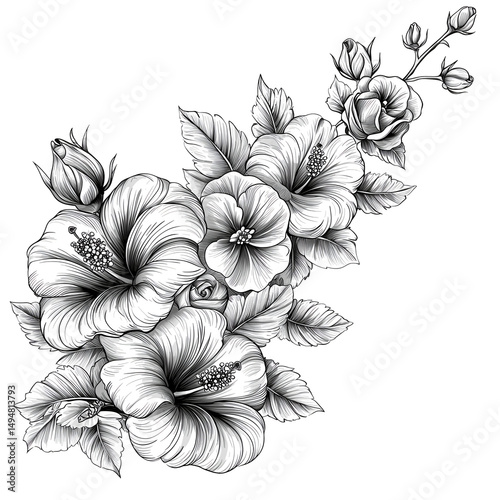 Beautiful hibiscus flower line art drawing floral design decoration element isolated on  transparent  background 