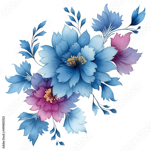 Watercolor floral arrangement showcases blue and pink peony blooms artfully.