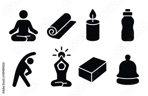Yoga and meditation solid icons set – silhouette, fitness, wellness symbols