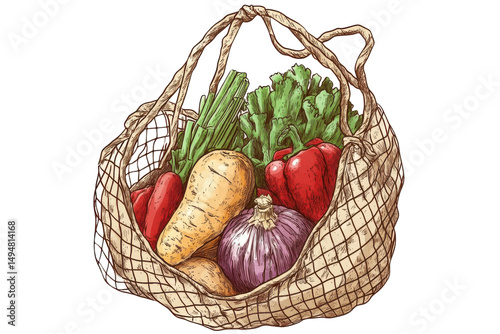 Hand-drawn illustration of mesh bag filled with fresh vegetables, organic produce concept, isolated on transparent background