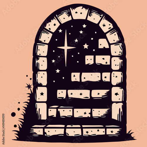 Stone Archway Night Sky Starry Doorway Illustration