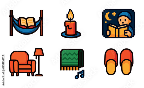 Cozy reading flat icons set – filled, warm, relaxation and comfort symbols