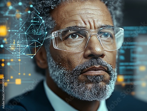 Serious man looking thoughtfully at digital interface