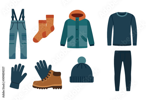 Winter clothing flat icons set – warm apparel, garments and accessories design