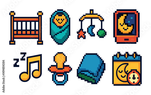 Baby essentials pixel art icons set – nursery, infant care, and parenting symbols