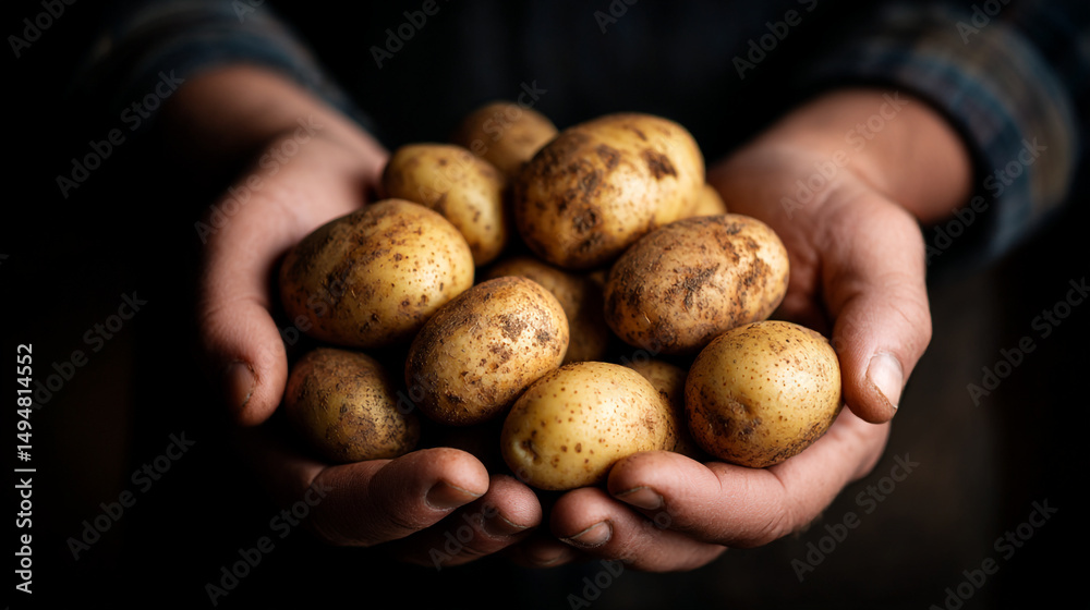 A person holding a pile of freshly harvested potatoes in their hands against a dark background image A person holding a pile of freshly harvested potatoes in their hands against a dark background image